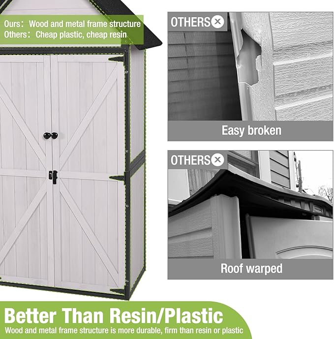 GUTINNEEN Shed Outdoor Storage Upgraded with Durable Metal Frame Garden Shed Tool Storage Cabinet with Wooden Floor Adjustable Shelfs 2.5 x 1.4FT （Off-White）