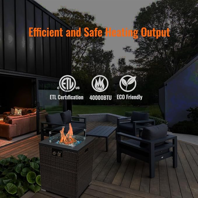 22in Outdoor Propane Gas Fire Pit Table, 40,000 BTU Auto-Ignition Gas Firepit with Glass Wind Guard, Painted Steel Tabletop, Mixed Color Glass Rocks, Brown PE Rattan