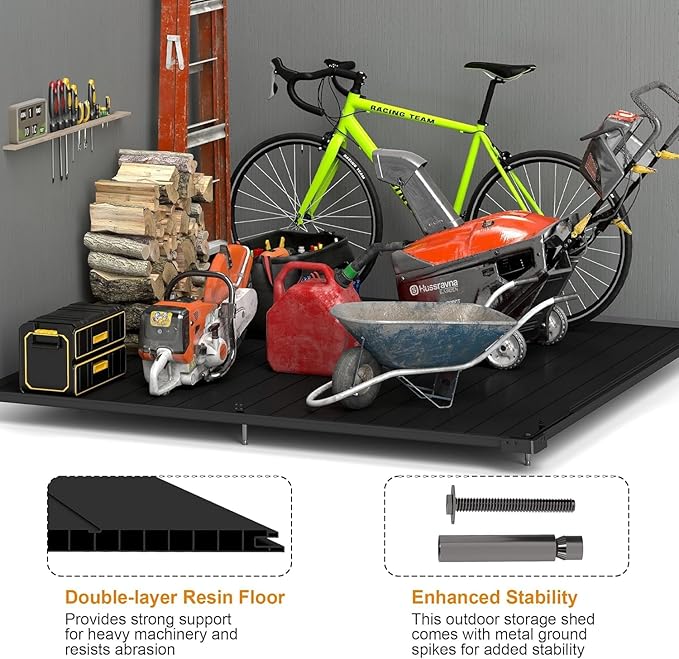 7.3 x 12 FT Shed Resin Outdoor Storage with Floor, 566 cuft Plastic Shed with Window and Lockable Door for Garden, Backyard, with Wood Texture, Grey