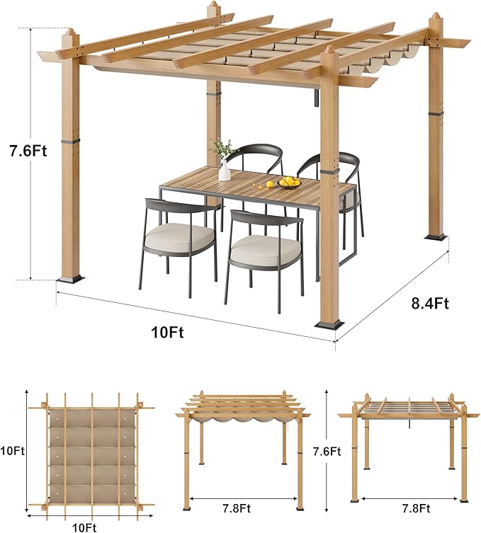 10x10 Ft Outdoor Retractable Pergola with Adjustable Roof Modern Metal Patio Gazebo, Upgraded Faux Wood Grain Aluminum Pergola for Deck, Backyard Gardens, Porches, Grapevines, Khaki