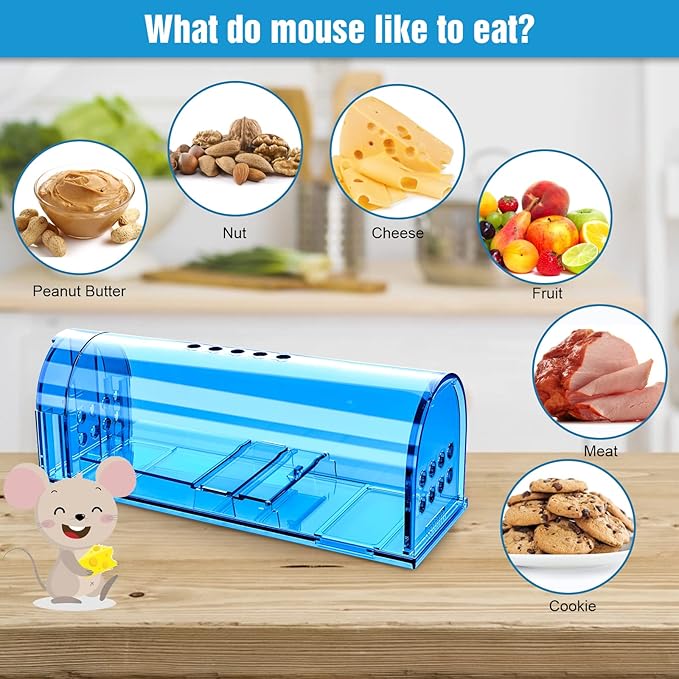 4 Pack Humane Mouse Traps No Kill, Catch and Release Live Mouse Trap Indoor for Home, Reusable Mice Trap Cage with Cleaning Brush(Blue)