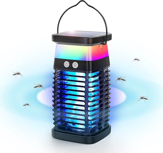 Portable Fly Trap for Indoor & Outdoor, Handheld Outdoor Bug Zapper - 4200V High-Voltage Electric Mosquito Killer with UV Light, IP68 Waterproof, USB-C & Solar Charging, 4000mAh Battery