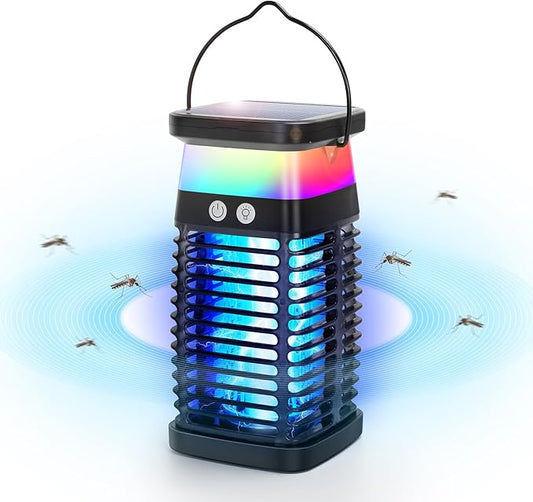 Portable Fly Trap for Indoor & Outdoor, Handheld Outdoor Bug Zapper - 4200V High-Voltage Electric Mosquito Killer with UV Light, IP68 Waterproof, USB-C & Solar Charging, 4000mAh Battery