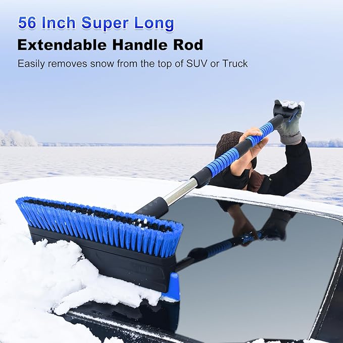SEAAES 56 Inch Truck Snow Brush Scraper Long Handle, Heavy Duty Extendable Snow Broom for SUV, Windshield Ice Scraper with Foam Grip for Car Automobile Vehicle Window - Blue