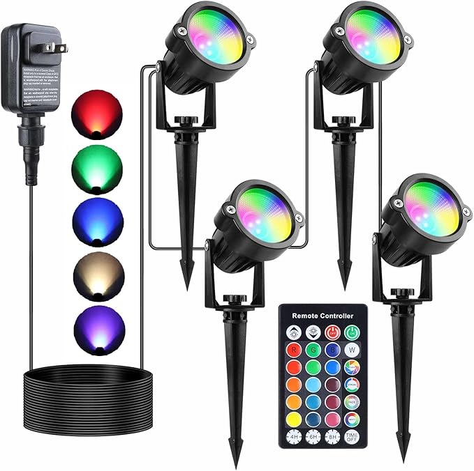 Yard Spot Lights Outdoor, 20W RGB Colored Landscape Lights with Remote, LED Waterproof Spotlights for Yard Lawn Path Tree Garden (4 Lights)