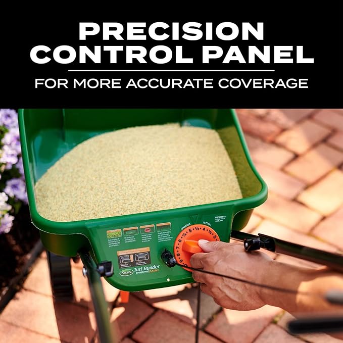 Scotts Turf Builder EdgeGuard Mini Broadcast Spreader for Seed, Weed and Feed, Fertilizer, Salt, Ice Melt, Push Spreader Holds up to 5,000 sq.ft. Product