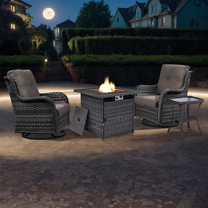 4 Pieces Patio Furniture Set with Fire Pit 50,000 BTU,Outdoor Swivel Rocker Chairs Set of 2 with PE Rattan Side Table,Wicker Outdoor Conversation Set with Rocking Chairs
