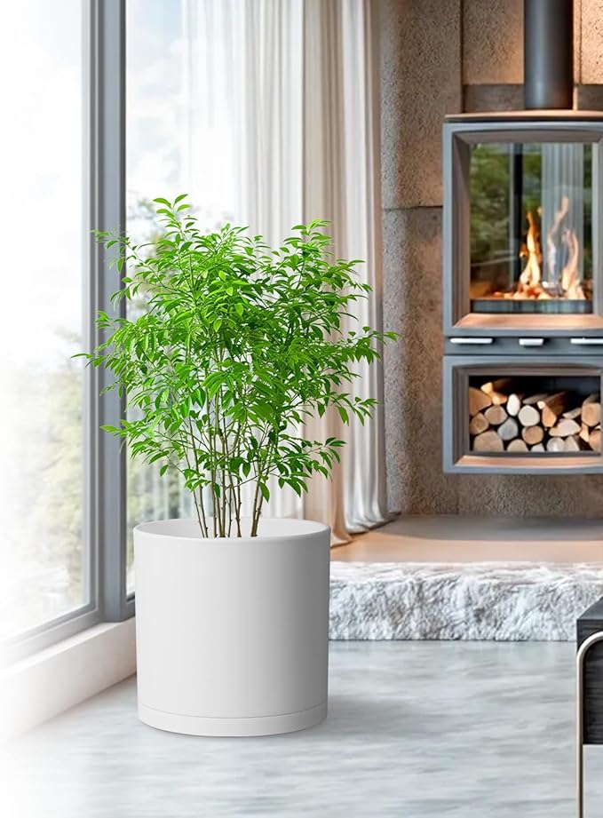 Cylinder 8 inch Plant Pots, Mordern Plastic Planters with Drainage Holes and Saucers for Indoor Outdoor Plants Flowers, White