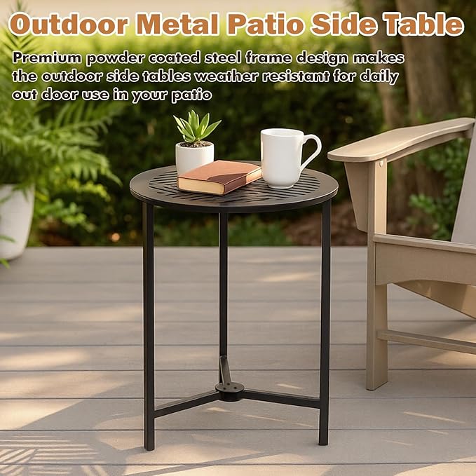 2 Packs 13" Small Metal Side Tables Indoor Black Outside End Table for Outdoor Patio Round Accent Garden Corner Stand for Small Spaces Weather-Resistant Coffee Table for Balcony Porch Plant Stand