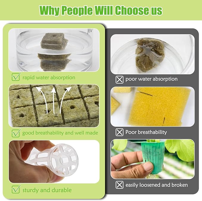 Windspeed 202Pcs Rockwool Planting Cubes Set 1 Inch, 100P Rockwool Starter Plugs with 100P 1.5 in Hydroponics Net Cup 2 Tweezers Rockwool Cubes for Hydroponics Rooting,Starting Seeds,Clone Plants