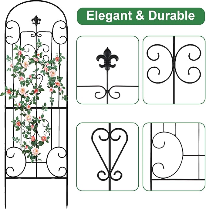 Black Metal Garden Trellis - 70"X18" Decorative Flower Trellis with Powder Coating for Climbing Plants, Rose, Vegetable Support (4, Pattern-C)