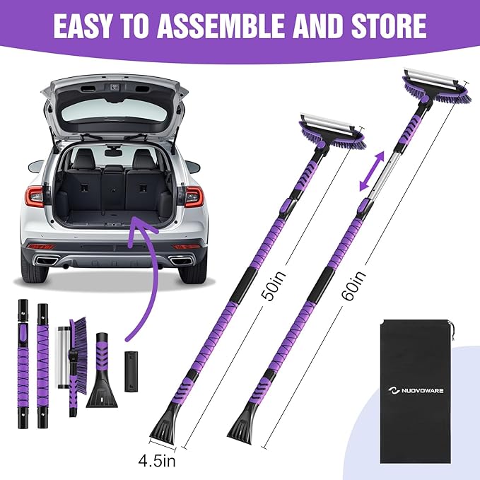 Nuovoware 60" Ice Scraper and Extendable Snow Brush for Car Windshield, 5 in 1 Adjustable Snow Removal Tools with 270° Pivoting Brush Head for Car Auto Truck SUV, Purple