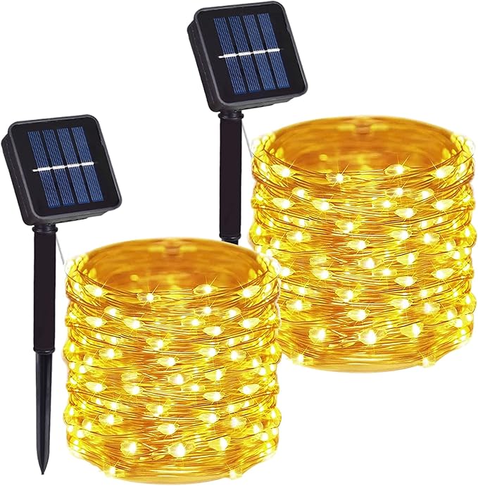 2 Pack Total 200 LED 66FT Solar Powered Copper Wire String Lights Outdoor, Waterproof, 8 Modes Fairy Lights for Garden, Patio, Party, Yard, Christmas (Warm White)