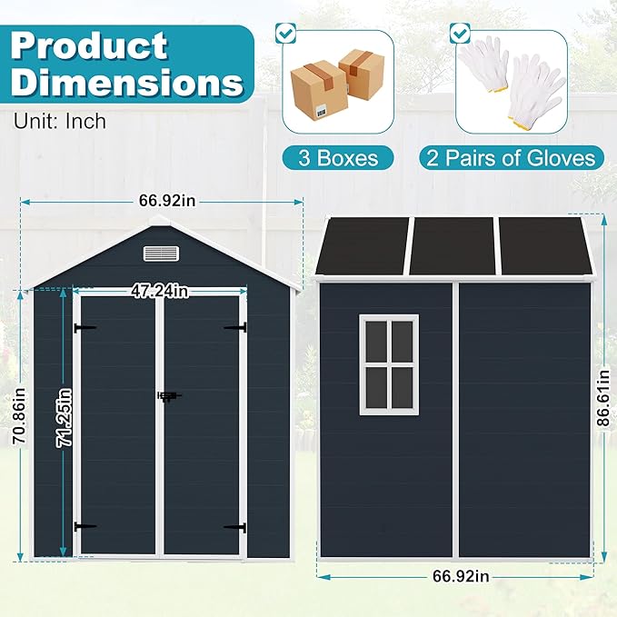 6x6 FT Plastic Outdoor Storage Shed, Resin Plastic Tool Shed with Lockable Doors & Peaked Roof, Garden Shed with Side Window & Floor, for Backyard Garden Patio Lawn, Dark Gray