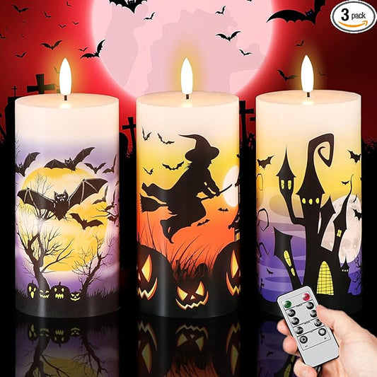DRomance Halloween Flameless LED Candles Battery Operated with Remote and Timer, Real Wax Flickering Pillar Candles 3D Wick Dimmable Light Castle Witch Bats Halloween Decor(3 Pack, 3 x 6 Inches)