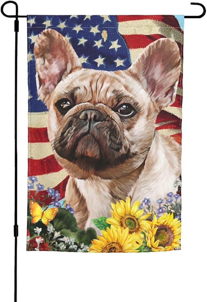 French Bulldog American Flag Patriotic Sunflower Dog Garden Flag Welcome Party Outdoor Outside Decorations Picks Home House Garden Yard Decor 12x18 Inch