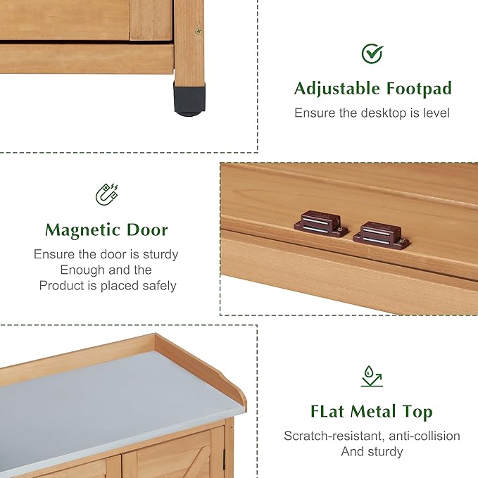 Outdoor Storage Cabinet & Potting Bench Table with Metal Top (Light Brwon, 39x31.5x17in)