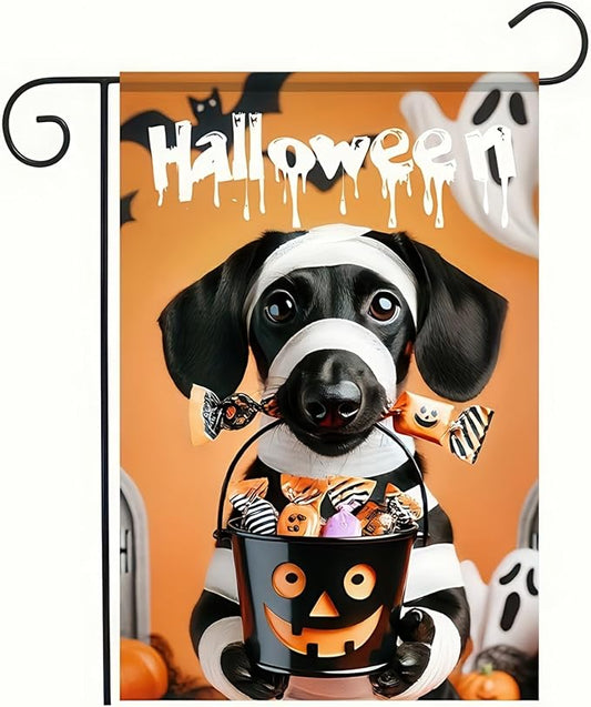 Halloween Garden Flags for Outside 12x18 Inch Double Sided Trick or Treat Dachshund Garden Flag Halloween Dog Skeleton Decorations Small Halloween Outdoor Yard Flag