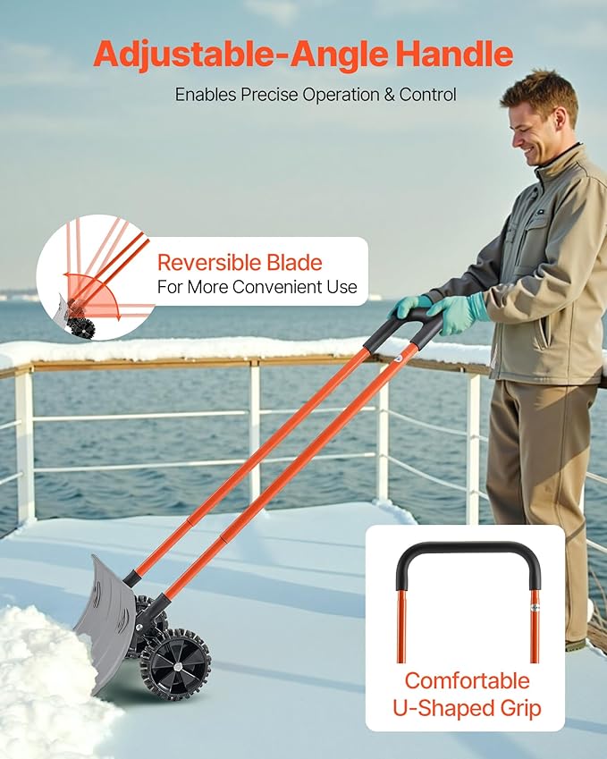 VEVOR 24 inch Snow Pusher Shovel with Wheels, Metal Heavy Duty Wheeled Push Snow Shovels for Driveway