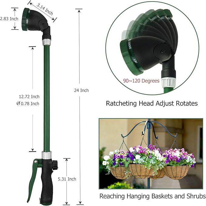 24 Inch Watering Wand With Rotating Head - Heavy Duty Ergonomic Sprayer With Trigger, Adjustable Spray Garden Hose Nozzles, Hanging Basket Wand With Flow Control, No Assembly Required