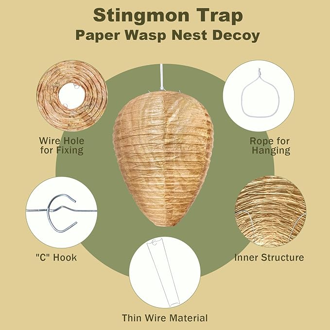 4 Pack Paper Fake Wasp Nest Decoy Hanging, Fake Hornet Nest Decoy Carpenter Bee Deterrent, Wasps Trap Wasp Deterrent Outdoor Yellow Jacket Carpenter Bee Traps for Outsides Garden Patio