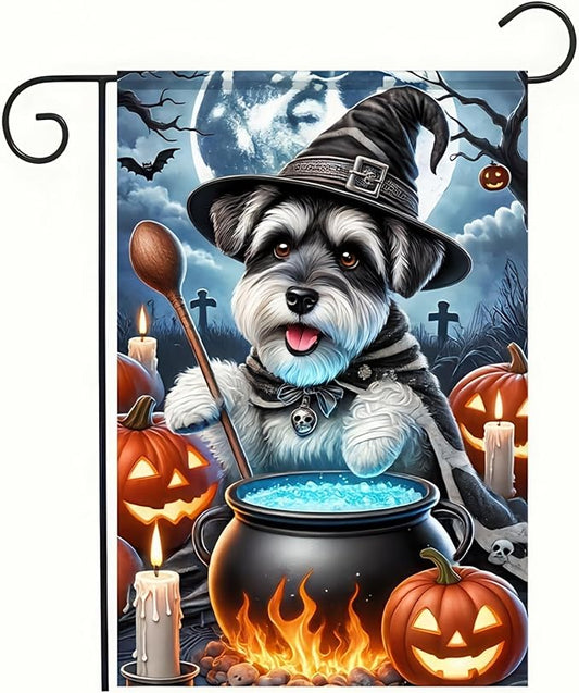 Halloween Garden Flag Double Sided 12x18 Flag Halloween Schnauzer Garden Flag Witch Pumpkin Cute Schnauzer Dog Cauldron Pumpkins Holiday Patio Wall Lawn Mail Outdoor Home Decor Banner
