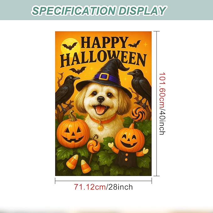 IVN Halloween Shih Tzu Garden Flag 28 x 40 Inch Double Sided House Flag with Witch Hat Pumpkin and Raven Design for Spooky Outdoor Porch Decor