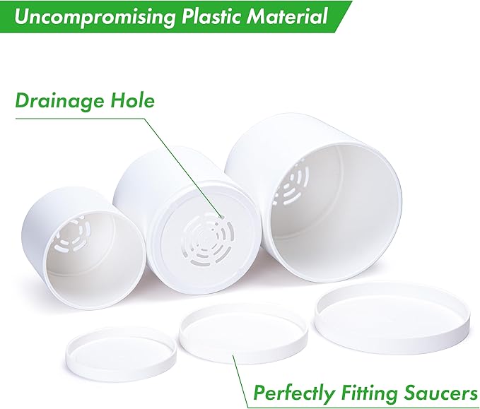 D'vine Dev 4 Inch 5 Inch 6 Inch, Set of 3 Plastic Planter Pots for Plants with Drainage Hole and Seamless Saucers, White Color, Small, 74-V-A-1