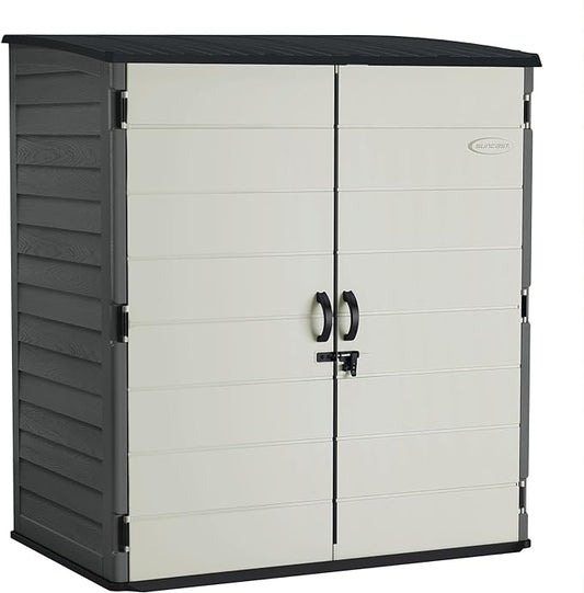 Suncast Extra-Large Vertical Storage Shed for Yard Storage, All-Weather Outdoor Storage Shed with 2 Lockable Doors, 70.5" W x 44.25" D x 77.5" H, Peppercorn, Made in The USA