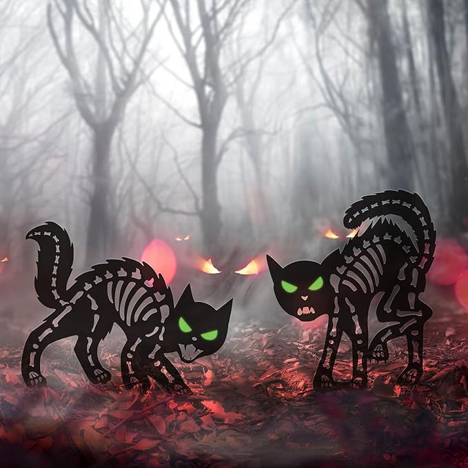 Halloween Decorations Outdoor Black Cat, Metal Black Cat Halloween Decor, Scary Cats Silhouette with Glow in Dark Eyes, Rust-Proof Lawn Decoration Yard Stakes for Family Home Party Garden Décor