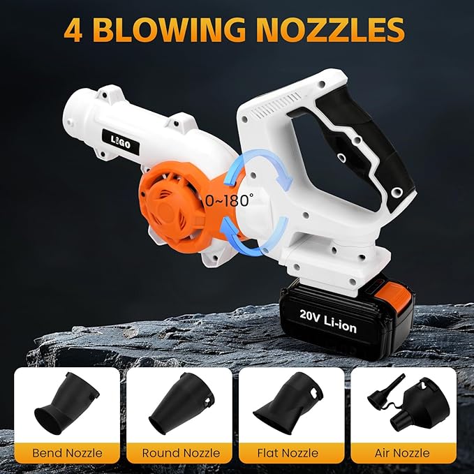 LIGO 20V Cordless Leaf Blower with 4.0Ah Battery, High-Speed Dual Fan, 3-Speed Memory & 180° Handle, 4 Nozzles with Extension Tube for Lawn, Workshop, Desktop