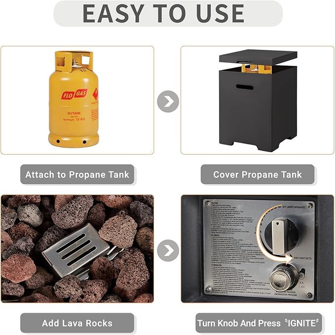 ECOTOUGE 2-Piece Gas Fire Pit, Outdoor Propane Firepit Table Set w/Tank Cover, 30''Auto-Ignition Round Steel Fire Table, 50,000 BTU Concrete fire Pit w/Weather-Resistant Pit Cover, Lava Rocks, Black