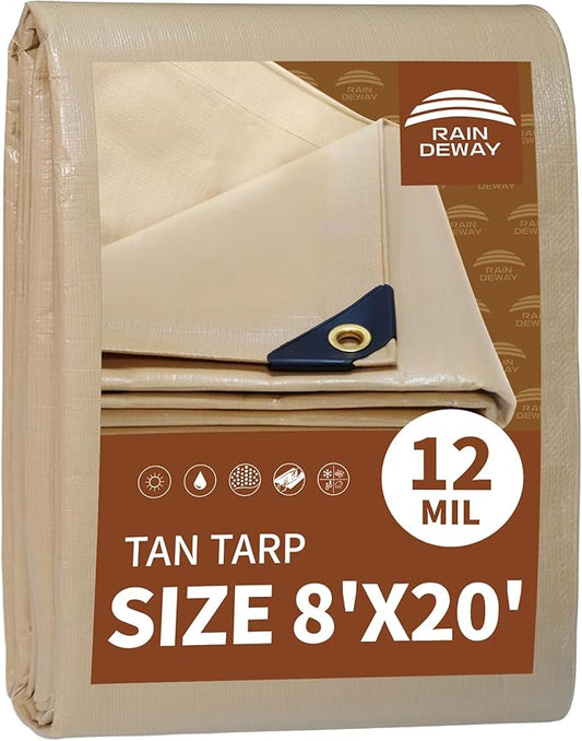 RAINDEWAY 8x20 Feet Heavy Duty Tarp,12 Mil Tan Waterproof Poly Tarp Cover,UV Resistant,Weatherproof,Durable,Multipurpose Tarps with Grommets and Reinforced Edges