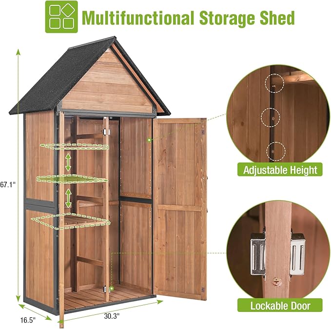 GUTINNEEN Outdoor Storage Shed with All Around Strong Metal Frame, Garden Tool Sheds Cabinet with Floor & Adjustable Shelves, Wooden Tool House for Backyard Garden Patio Lawn (Brown)