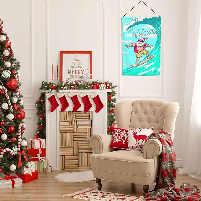 Christmas Santa Claus Hawaii Surfing Beach Garden Flag Welcome Party Outdoor Outside Decorations Picks Home House Garden Yard Decor 12x18 Inch