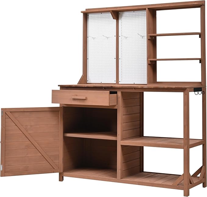 Fir Wood Potting Bench with Hutch - Outdoor Garden Workstation with 4 Shelves, Drawer & Adjustable Storage, 50.2" Countertop, & Pegboard (Brown + Wood + Rustic)