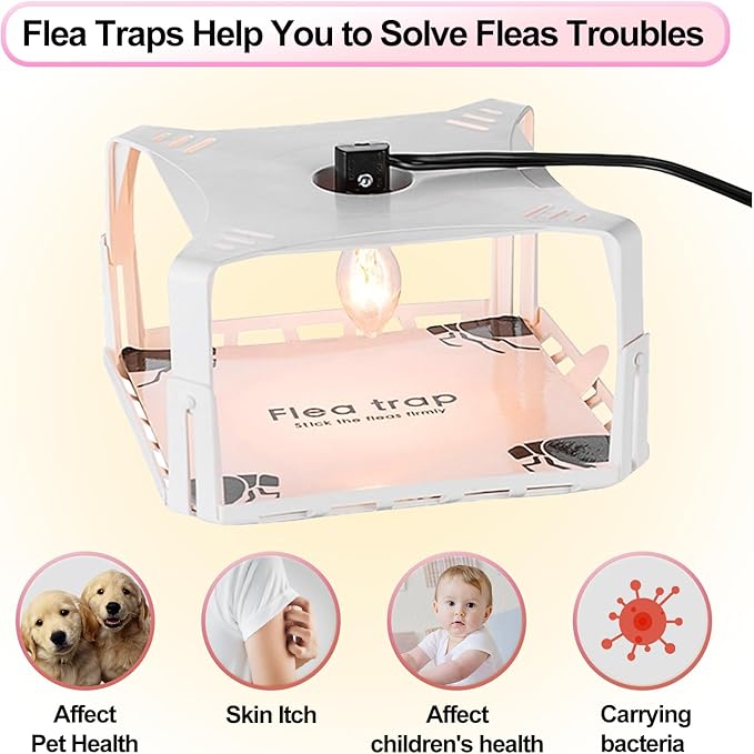 Flea Traps for Inside Your Home 2 Packs, Flea Trap with Light for Indoor Bed Bug, Flea Killer Pest Control, Non Toxic & Harmless, Friendly to Pets & Kids, with 6 Sticky Refills and 6 Lightbulbs