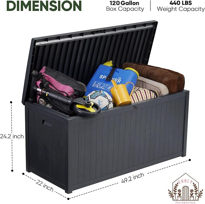 120 Gallon Outdoor Storage Box Large, Lockable Outside Containers Waterproof Patio Cushions Storage Deck Boxes, Plastic Garden Hose Boxes Resin Pool Storage Bins, Grey