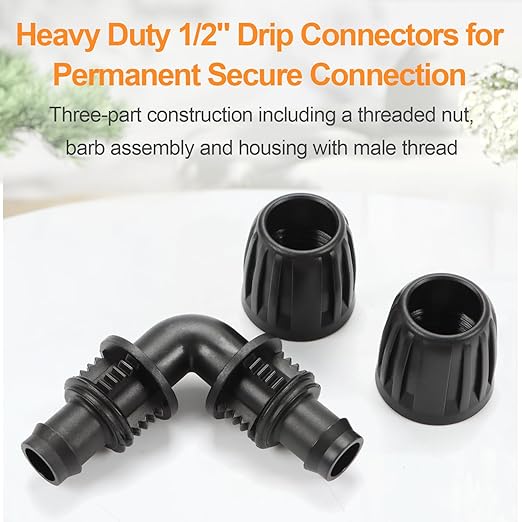 Drip Irrigation Elbow Fittings, 12 Pieces 1/2'' Dripline Locked Barbed Elbow Connectors for 1/2 Inch Irrigation Tubing (1/2" ID x 0.640" OD) 90 Degree Corner for Garden Sprinkler Systems
