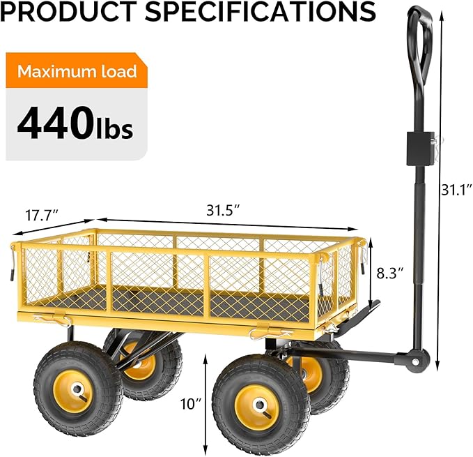 VINGLI Heavy Duty 880 LBS Mesh Steel Garden Cart, Dump Detachable Utility Wheelbarrow, Yard and Garden Wagon Cart with Removable Sides and 10 Inch Wheels(Yellow)