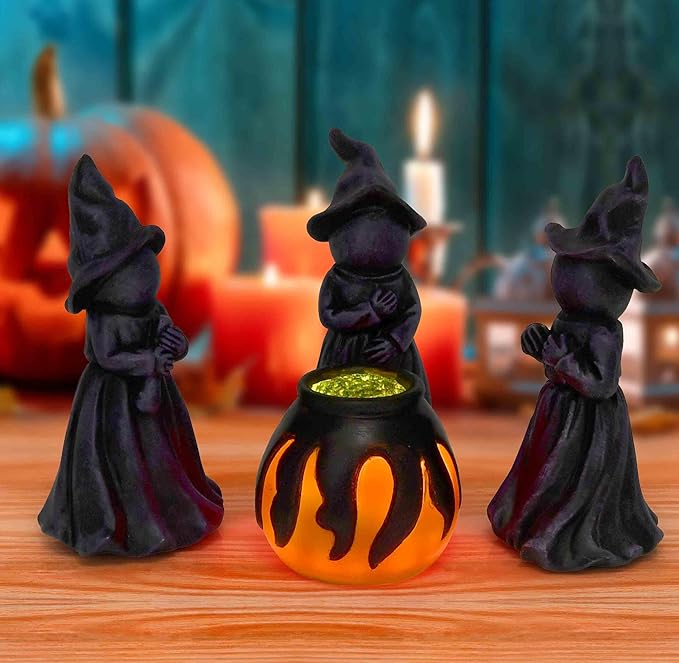 Gift Boutique Halloween Miniature Witches Cauldron Figurine Set of 4 Resin Light Up Decor for Spooky Vintage Indoor Outdoor Table Decorations Supplies