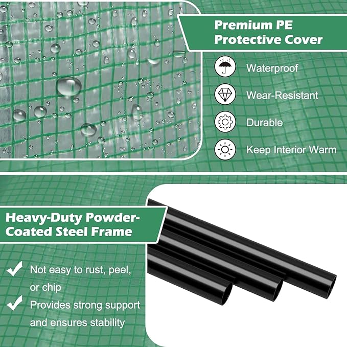 Happygrill Walk-in Greenhouse with 3-Tier Flower Rack, Weatherproof PE Cover & Roll-up Zipper Doors, Lean-to Greenhouse for Garden, Backyard, Balcony