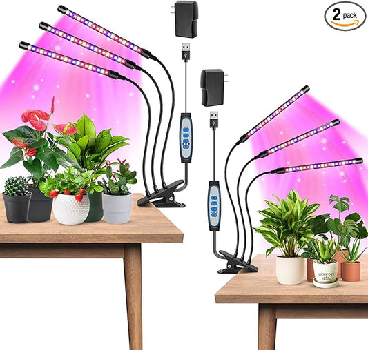 Garpsen Led Grow Light, 2PCS 3 Heads Full Spectrum Clip Plant Light for Indoor Plants, 120 LEDs Grow Lights, with 3 Switch Modes & Auto ON/Off 6/12/16H Timer, 5 Dimmable Levels (Red Blue Warm White)