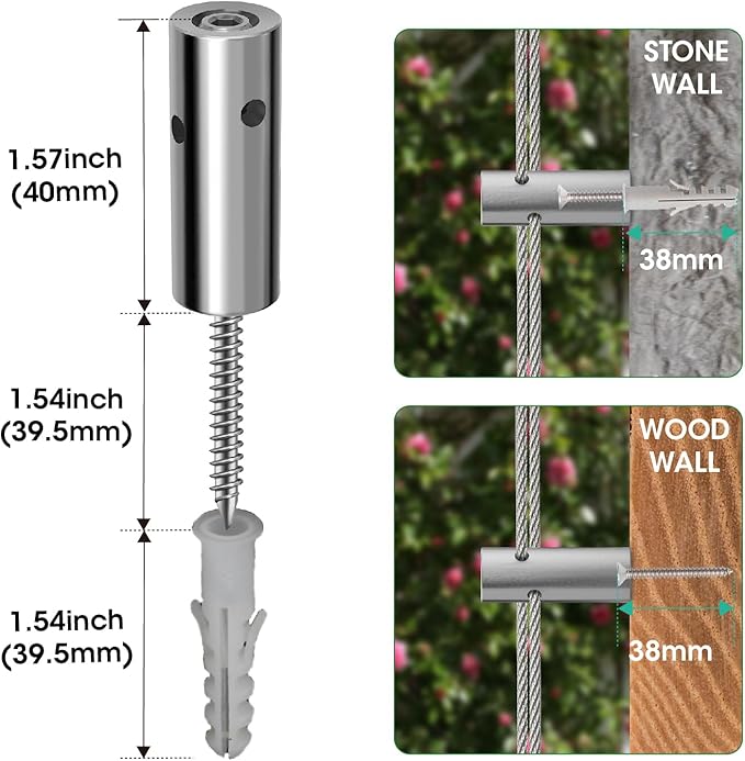 20 Sets Cylindrical Hubs Wall Trellis Kits, Wire Trellis for Climbing Plants Outdoor with 98Ft x 1/8" T316 Stainless Steel Rope, Garden Wire Trellis System for Espalier & Vertical Gardening