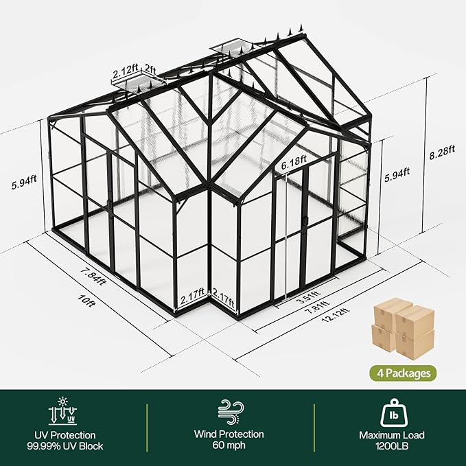 Jocisland 12x10x8 FT Greenhouse for Ourdoors, Quick-Connect Fittings, Aluminum Frame with 2 Vents, 2 Doors, and Walk-in Design for Garden or Backyard, Black