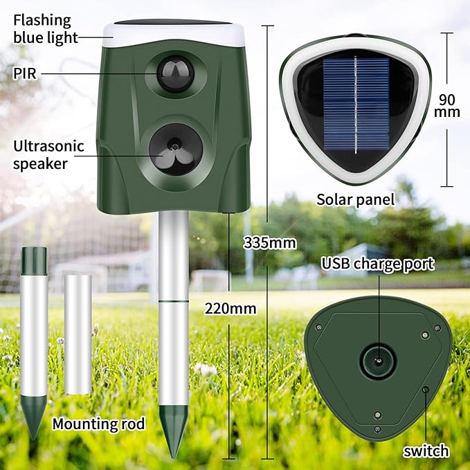 Solar Ultrasonic Animal Repeller, 360° Cat Repellent Outdoor Deer Deterrent Device with 3-Side Motion Activated Flashing Lights,Solar Powered Dog Repellent for Cat Dogs Bird Skunk Rabbit Squirrels