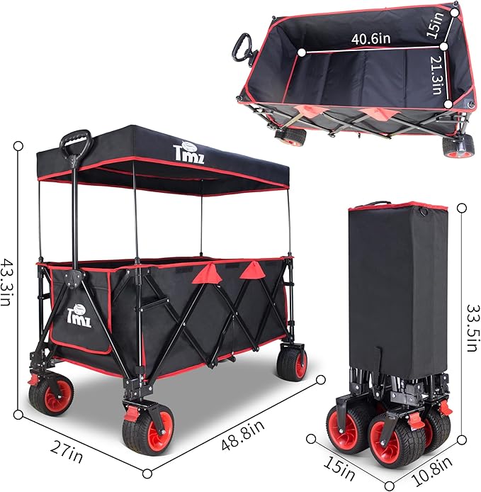 TMZ Collapsible Wagon 445L Heavy Duty Foldable Cart with All-Terrain Wheels, Canopy & Brakes - Extra Large Utility Wagon for Beach, Outdoor, Garden, Camping Portable Foldable Design (Black/Red)