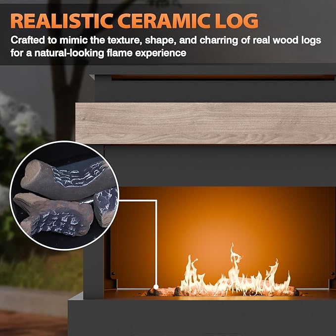 COOS BAY Outdoor Propane Fireplace Firepit, 50,000 BTU Adjustable Flame Chiminea Patio Heater with Tank Storage, Smokeless Gas, Ceramic Log, Modern Metal, 35.4''x22''x40.6'', Gray/Tan