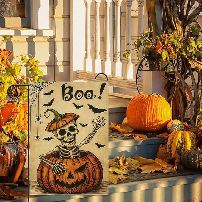 Halloween Garden Flag 12x18 Inch Boo Skeleton Pumpkin Yard flag Double Sided Spooky Outdoor Lawn Porch Patio Party Decoration Holiday Decor
