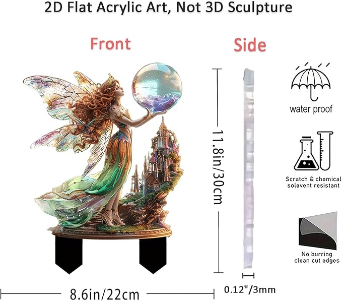 Fairy Garden Stake Decor, 2D Flat Acrylic Fairy Garden Decor Panel, Elf Yard Sign for Outdoor Indoor Yard Lawn Plants Pots, Fairy Garden Accessories (Fairy with Crystal Ball)